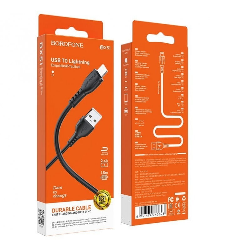BorofoneΚαλώδιο Σύνδεσης  BX51 Triumph USB Σε Lightning 2.4A 1μ Μαύρο
