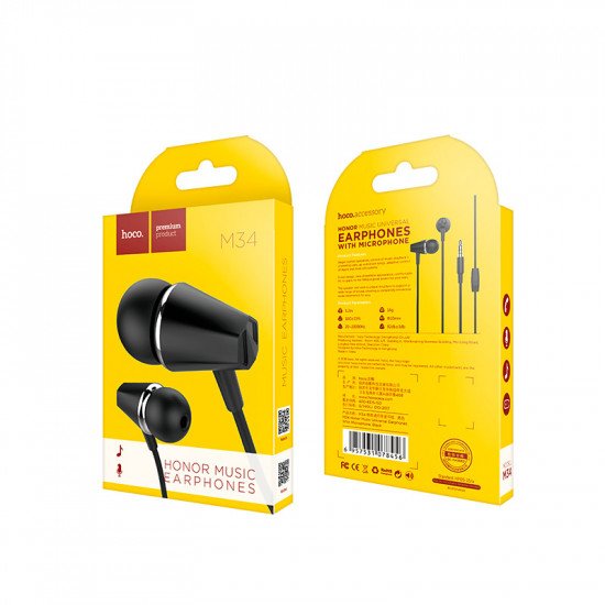 Hands Free Hoco M34 Earphones Stereo 3.5mm Black with Microphone and Function Plug