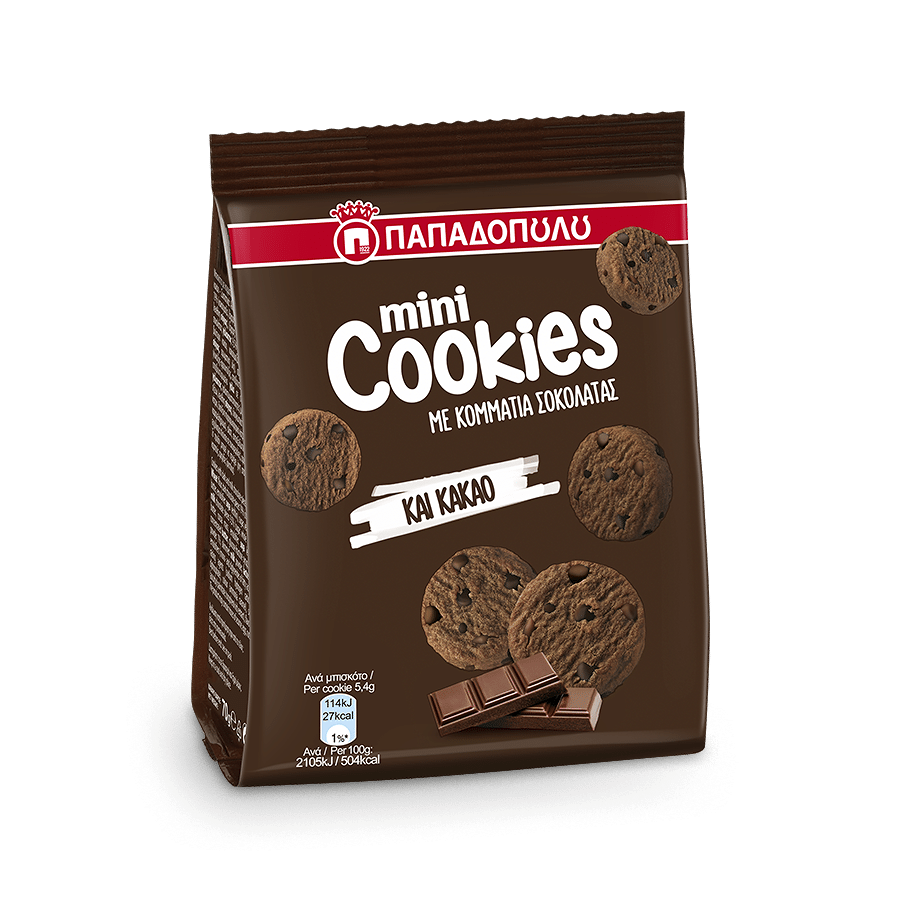 Mini cookies with pieces of chocolate and cacao